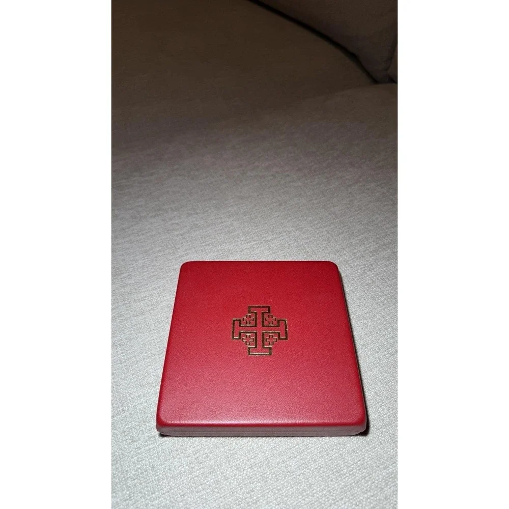 Vintage Jerusalem Cross Medal Set Red Enamel w/ Ribbon Pin Box